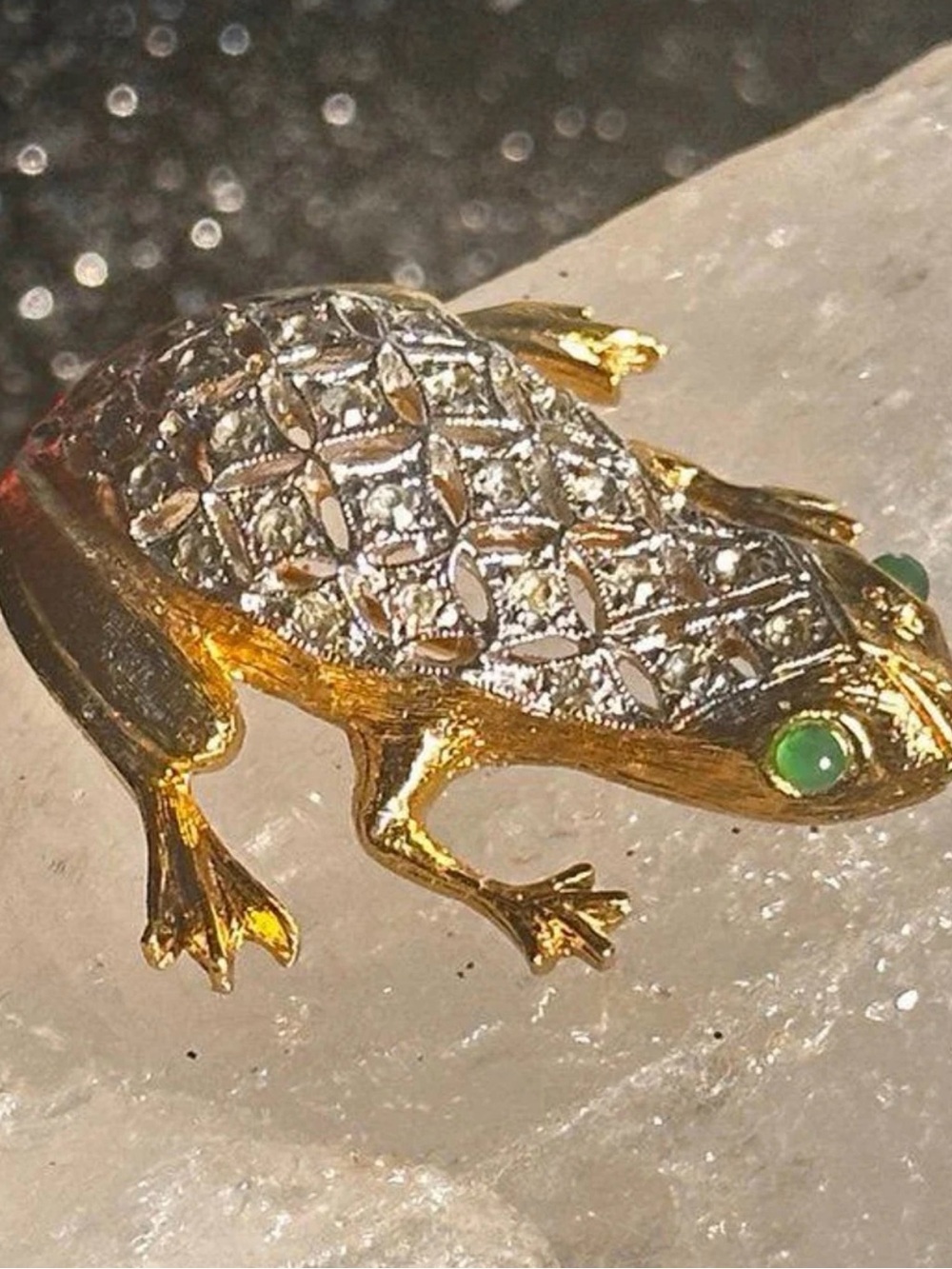 Rare Panetta Frog Brooch 18K Filled Genuine Diamonds Jade eyes Excellent